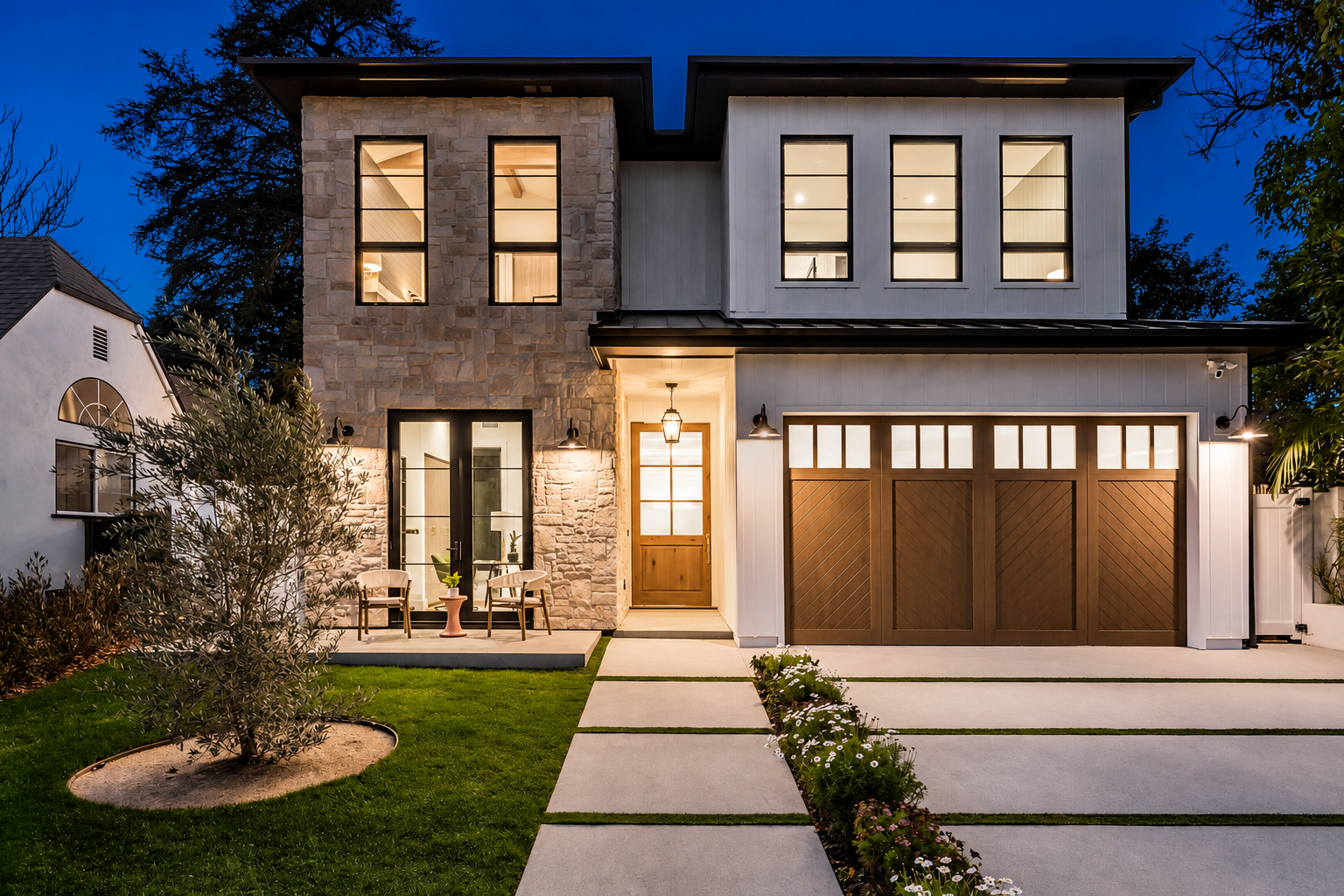 Pavers and concrete driveway at a modern Los Angeles home